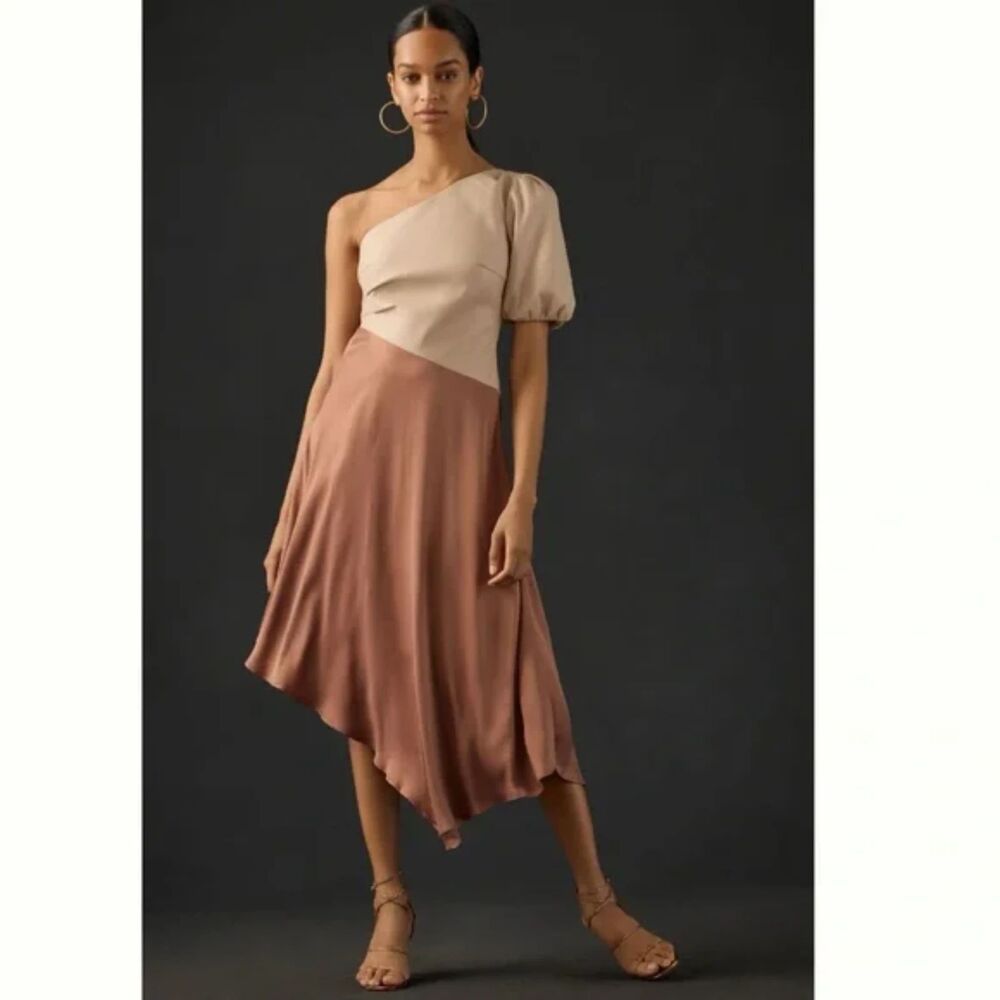 NWT Anthropologie Beige and Brown One-Shoulder Midi Dress